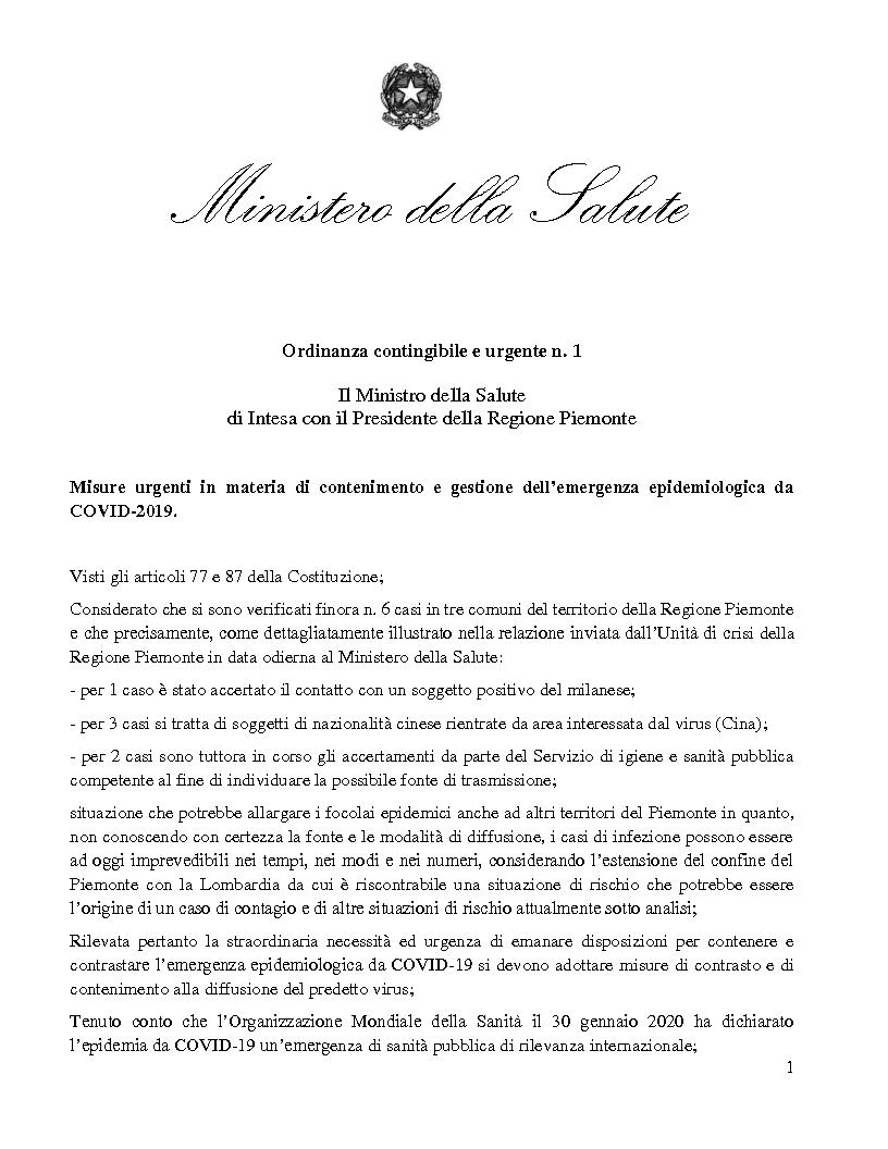 Ordinanza contingibile e urgente n. 1 del Ministero della Salute di Intesa con il presidente della Regione Piemonte